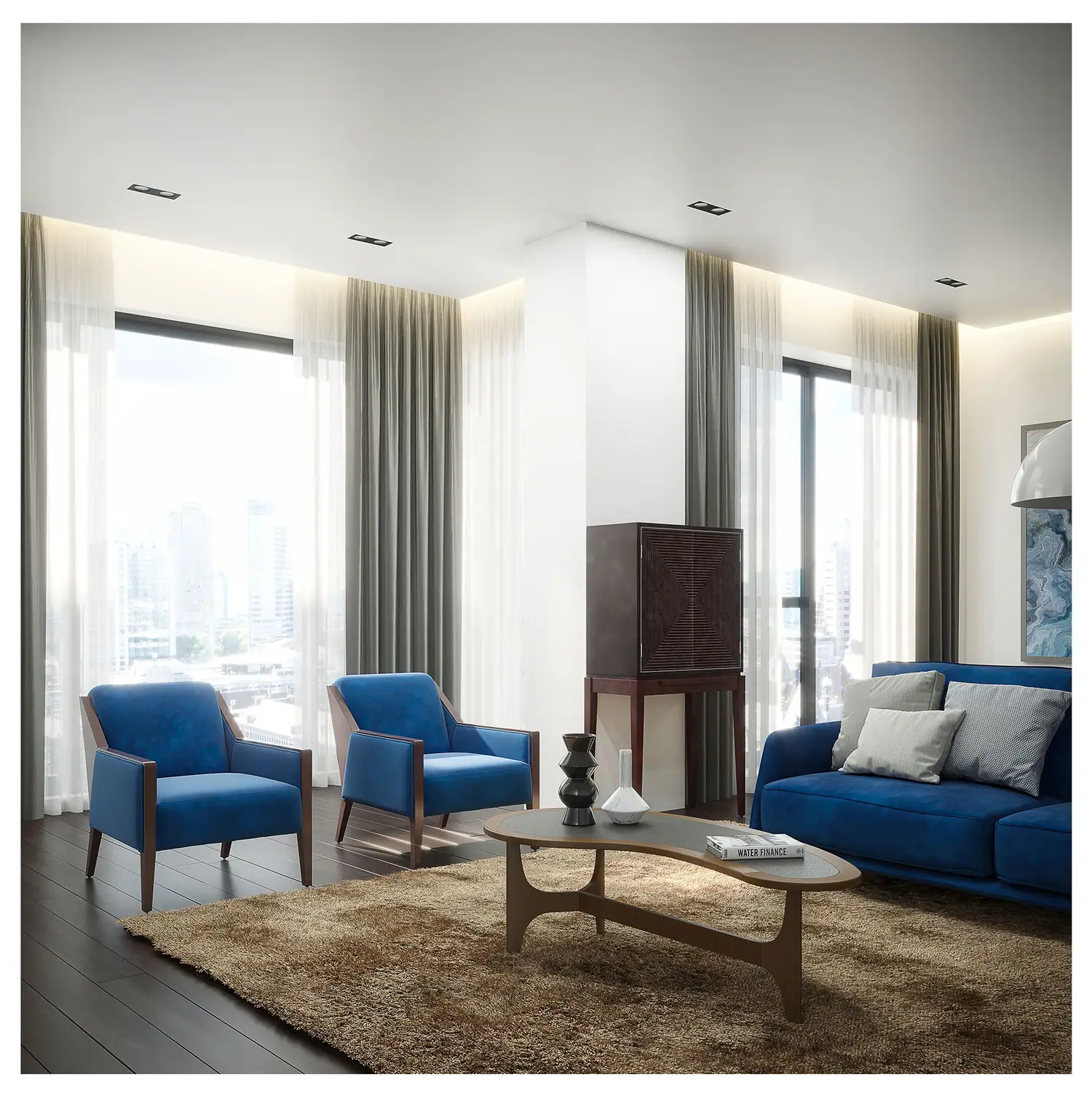 Blue chairs, city window
