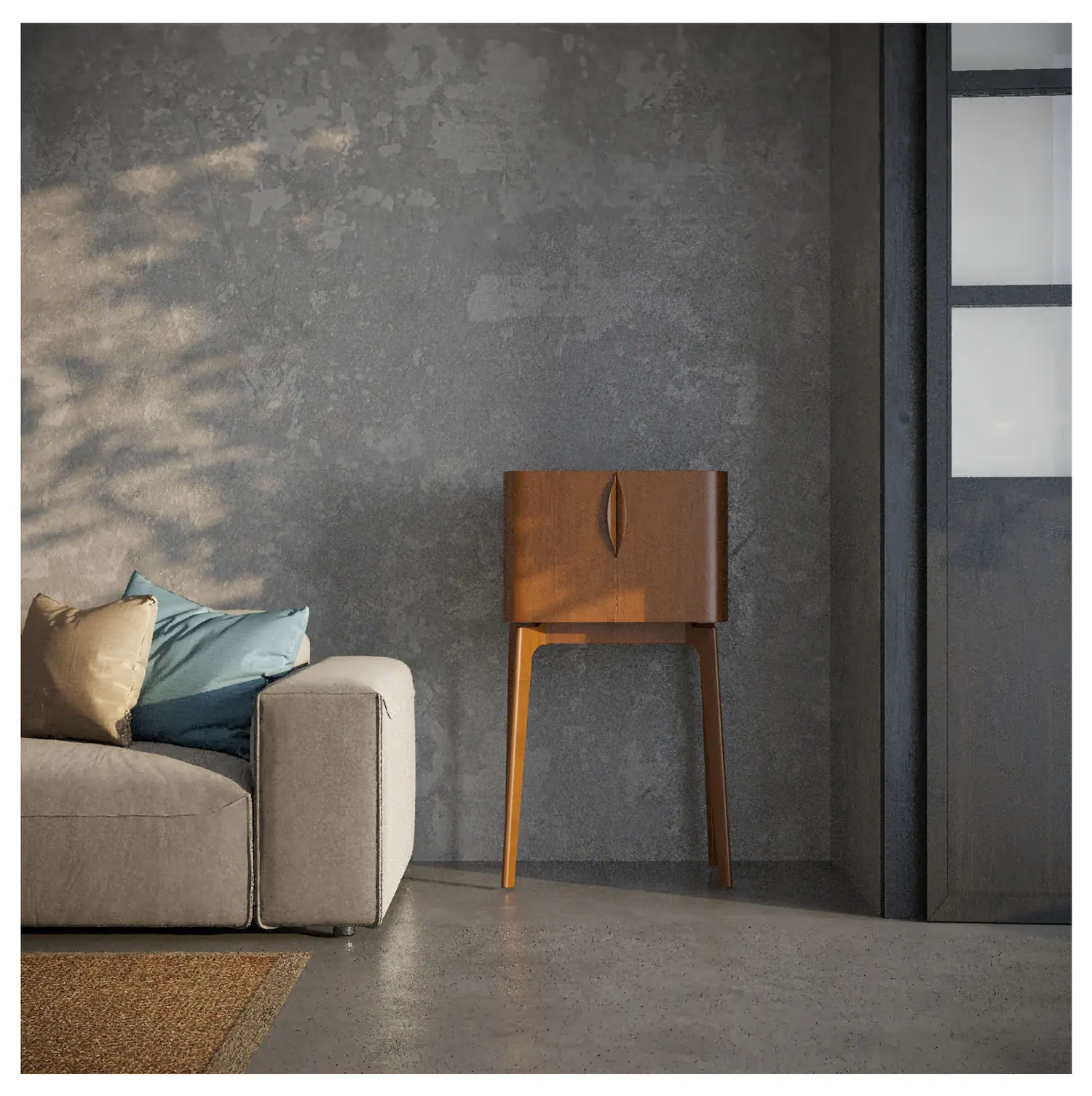 Cabinet against concrete